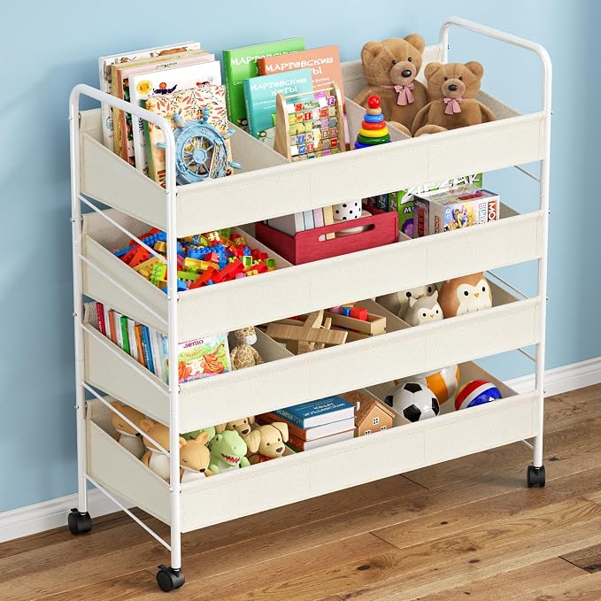 Kids Toy Storage Organizer with 4 Shelves & Wheels for Playroom | White, Large Size, Steel Frame & Oxford Fabric, Rolling Casters with 2 Locks, Safe Rounded Edges, Easy Assembly