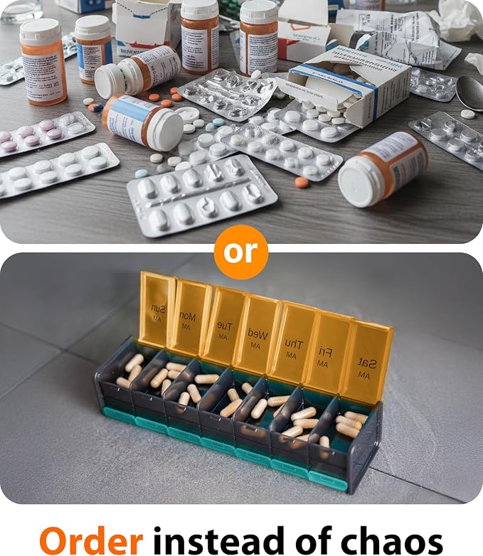 Extra Large Pill Organizer - XXL Vitamin Holder for Weekly Supplements - Double Sided Pill Box 7 Day with Big AM PM Compartments Huge Daily Medicine Dispenser 2 Times a Day Reliable and Easy-to-Use