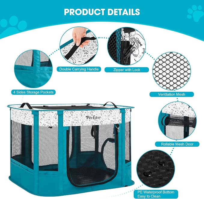 Portable Cat Playpen with Litter Box, Cat Enclosure for Camping, Cat Recovery Playpen After Surgery, Foldable Indoor Outdoor Pet Tent for Cats Rabbits Puppies (Peacock Blue)