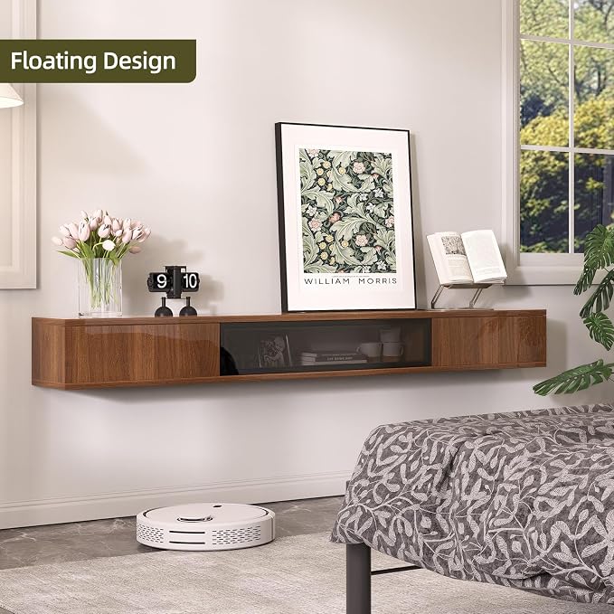 FurniNova 55" Floating TV Stand for 43 50 55 60 inch TV,Modern Plywood Wall Mounted Entertainment Center with Push-to-Open Doors, High Gloss Media Console,Small Space Floating Shelf,Walnut