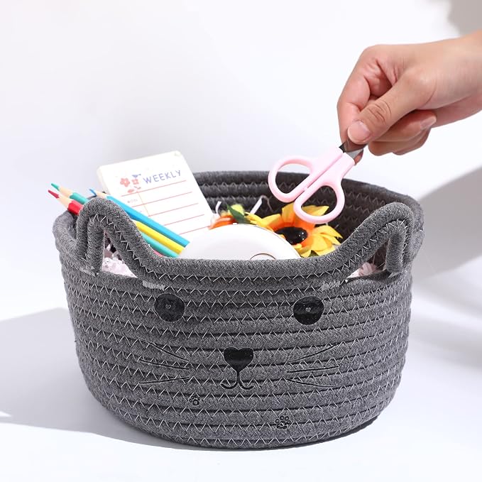Zopeal Cat Storage Basket Woven Organizer with Ears Decorative Gift Cute Cotton Rope Pet Toy Basket for Gift Cat Dog Toy Bin Nursery Room(8.3 x 4.7 Inch,Gray)