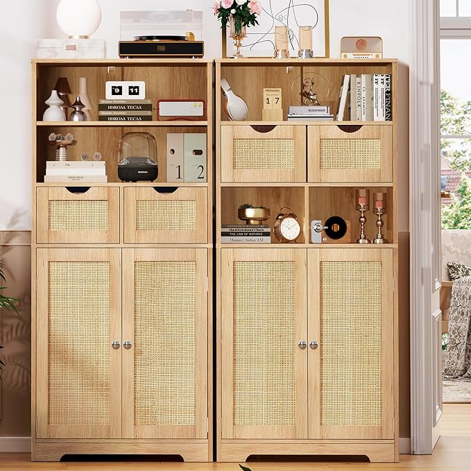 Iwell Tall Storage Cabinet, Rattan Cabinet with 2 Drawers & Adjustable Shelf, Kitchen Pantry Storage Cabient, Entryway Cabinet for Living Room, Dining Room, Home Office, Natural