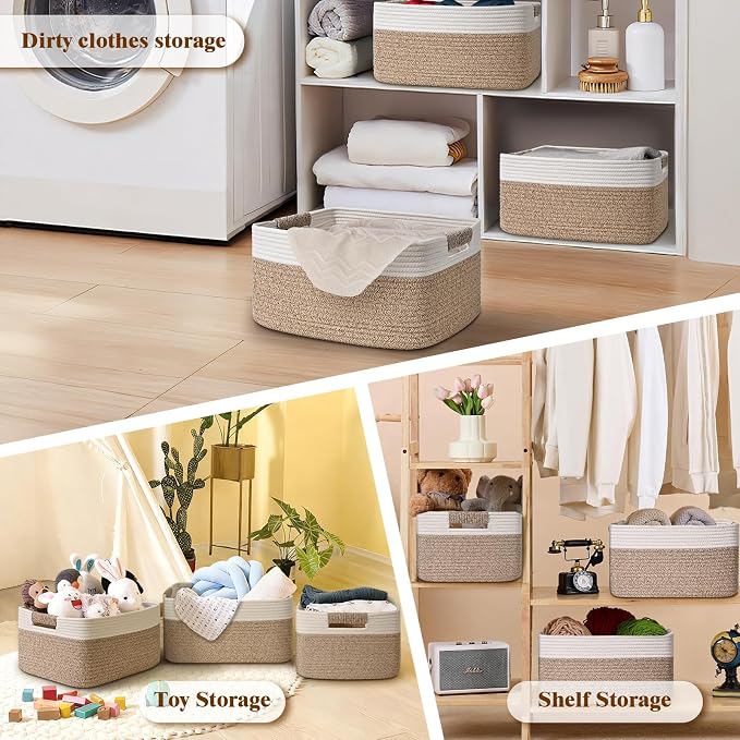 3 Pack Large Storage Basket for Organizing, 17.5"x13"x7" Woven Basket for Shelves, Closet Cube Storage Bins with Wrapped Handle, Cotton Rope Baskets for Kitchen, Clothes, Toys(Off White & Brown)