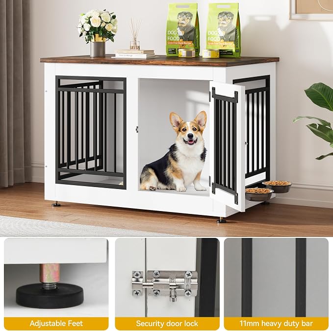 DWVO 35 Inch Dog Crate Furniture with Adjustable Feet & Removable Bowls | Dog Kennel Indoor Furniture End Table for Dogs, Modern Decorative Wooden Cage, Chew-Resistant, White