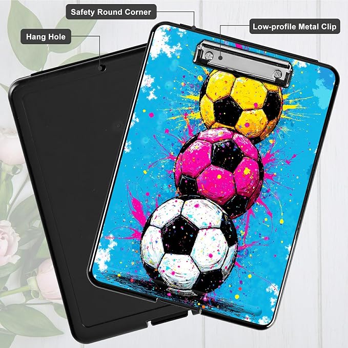 Heavy Duty Storage Clipboard, Slim Nursing Clipboard with Internal Pen Case, Portable File Organizer Case for A4 Letter Size Paper Office Medical Professionals, Soccer Painting