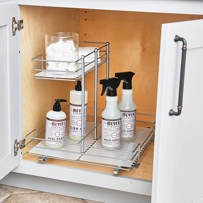 Household Essentials Glidez Steel Pull-Out/Slide-Out Storage Organizer with Plastic Liners for Under Sink or Wire Shelf Use - 2-Tier Design - Fits Standard Size Cabinet or Shelf, Brushed Silver