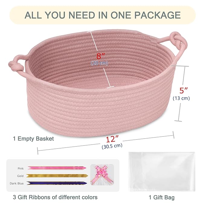 COMSE Small Gift Basket Empty with Bag & Ribbons, Solid Dusty Pink | Cotton Rope, 12"x 8"x 5", Pet Toy Storage Organizer, Woven Basket for Birthdays, Baby Showers, Mother’s Day, Valentine’s Day