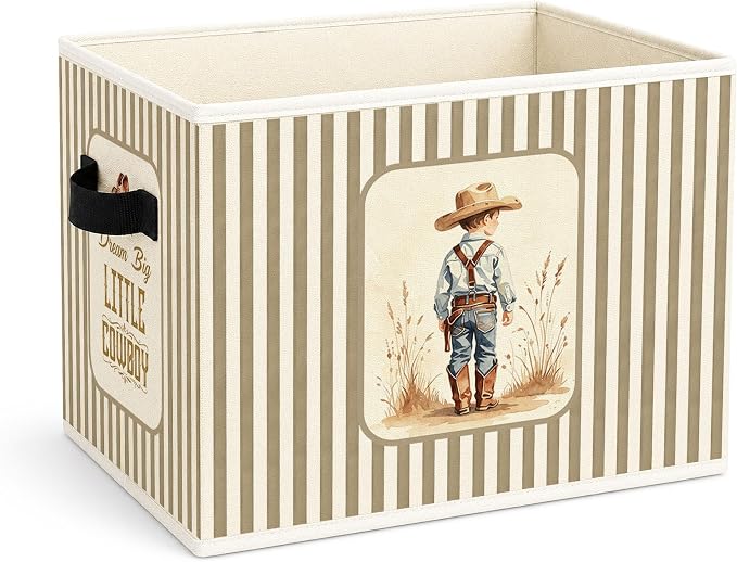 Little Cowboy Storage Bin, Foldable Fabric Basket for Kids Room | Foldable fabric storage bin with western cowboy design for toys, books, clothes, nursery, bedroom, and playroom use.
