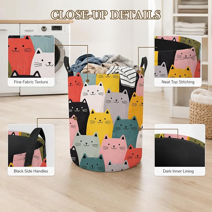 Cute Cat Laundry Hamper, Colorful Cat Laundry Baskets, Waterproof Oxford Cloth for Room/Bathroom/Bedroom/Dormitories 16x20.8 Inch