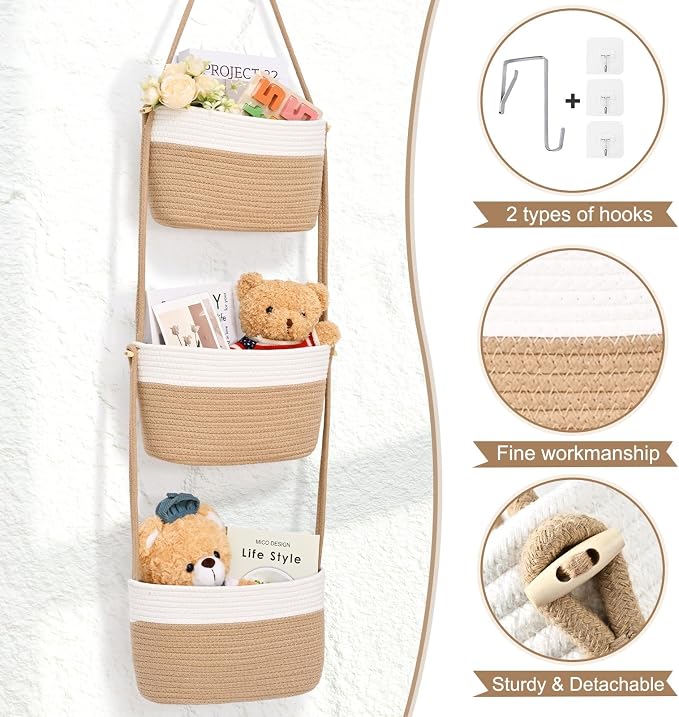 Hanging Basket, 3-Tier Woven Wall Basket with 4 Hooks, Cotton Rope Storage Baskets, Over the Door Organizer for Nursery, Bedroom, Cottage and Boho Wall Decor