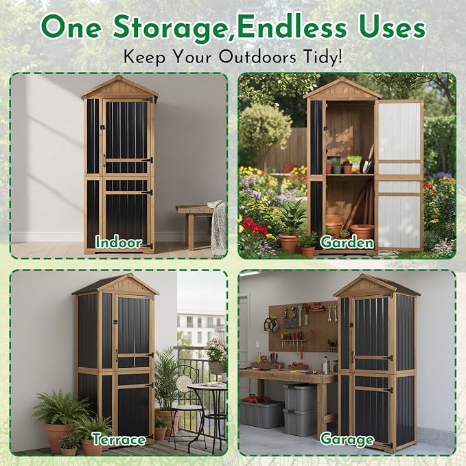Ketive Outdoor Storage Cabinet Wooden Vertical Garden Tool Storage Shed | Adjustable Shelves, Waterproof Roof, Lockable Doors, Small Backyard Utility Cabinet for Patio Garage