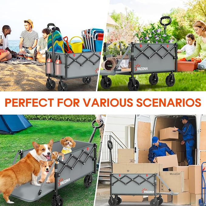 Yozoia Wagons Carts Foldable, 120L Collapsible Wagon Cart with Wheels,Grey | Foldable, Lightweight, Portable, Simple Installation, for Camping Shopping Beach Garden Sports