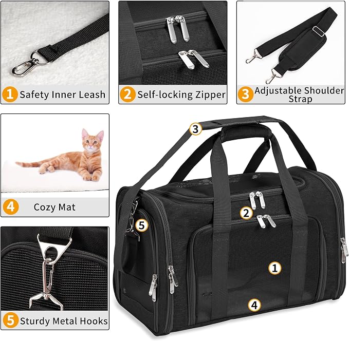 Soft-Sided Cat/Dog/Pet Carrier, Collapsible Pets Travel Carriers | For Big Cats/Small Dogs with Shoulder Strap & Removable Mat, Mesh Puppy Carry Bag, Up to 25 Lbs, TSA Airline Approved(Black)