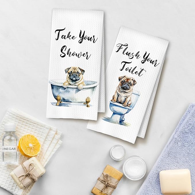 Funny Pug Dog Hand Towels for Bathroom Washroom, Gifts for Pug Lovers Women Men, Dog Bathroom Decor, 16x24 Inch Set of 4