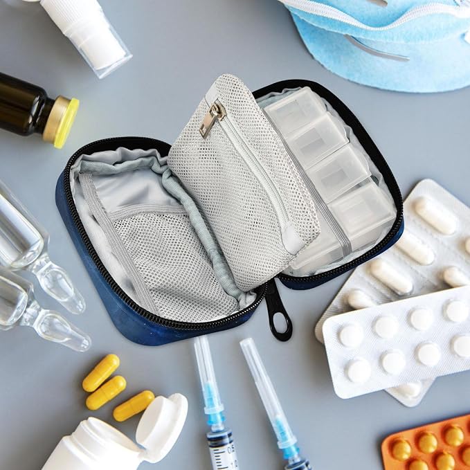 Fustylead Beautiful Blue Cosmic Nebula Pill Organizer and Storage Weekly with Zipper, Removable Pill Box Portable Medicine Organizer for Vitamin Fish Oil Supplement