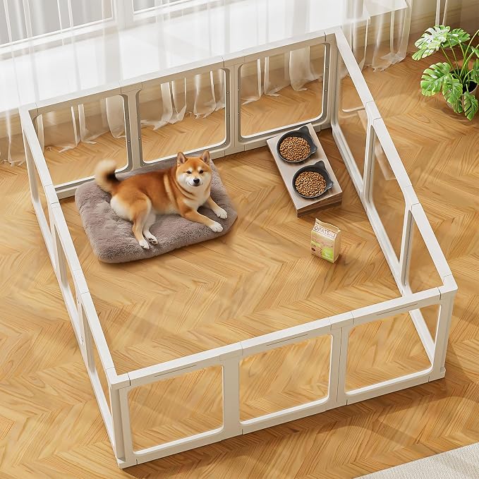 Jalove 24“ H Acrylic Dog Playpen Indoor, Easy Assemble Clear Pet Play Pen | Ideal for Small Dogs,Relieves Pet Anxiety, Plastic Pet Playpen with Door, Rabbit, Dog Pen, Small Cage, White,12 PCS