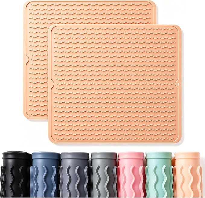 CAKETIME 2 Pack Silicone Dish Drying Mat for Kitchen Counter Place mats Cooking Accessories Drainers Rack Under Sink Protector Home Household Items Extra Large 18"x16" Beige