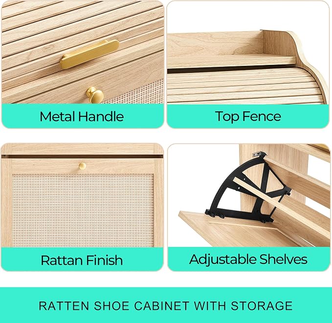 LINSY Shoe Storage Cabinet, Rattan Shoe Cabinet Wood Shoes Rack Cabinets with Sliding Tambour Door, Large Flip Drawer Shoe Cabinet Boho Hidden Shoe Storage for Entryway, Front Door, Hallway, Oak