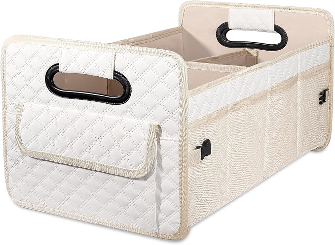 Car Trunk Organizer for SUV, Collapsible Car Storage Organizer Large Beige | Sturdy, Strong Capacity, Diamond Decor, Multi Compartment Container Box Adjustable Car Accessories for Sedan Truck