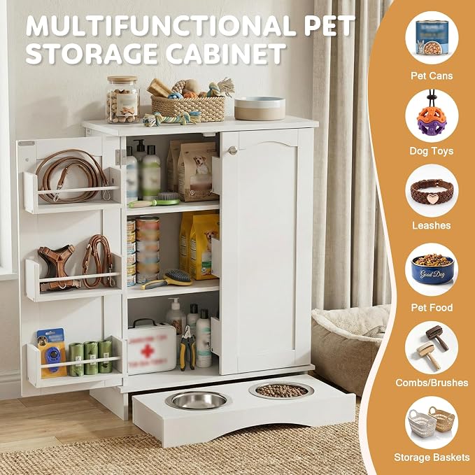 Dog Storage Cabinet with Bowls, Pet Food Storage Cabinet with Adjustable Shelves, Hidden Dog Feeding Station with Hooks, Letter Stickers, Pet Storage Organizer for Cats and Dogs