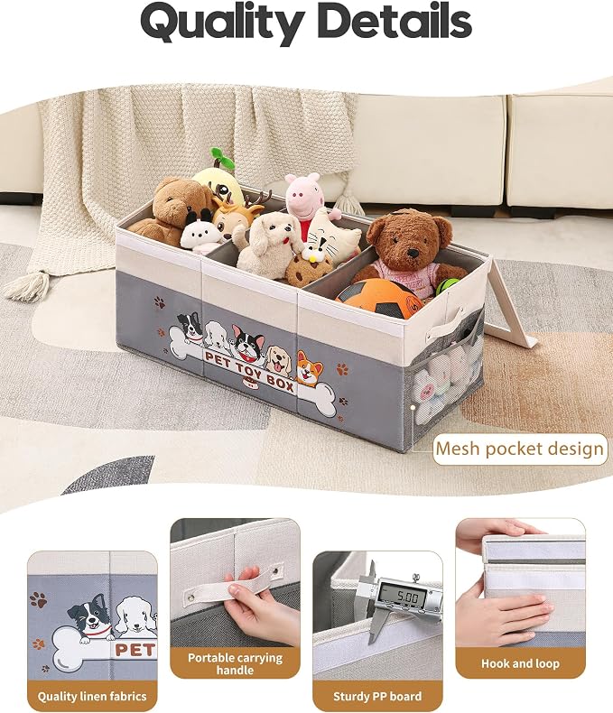 Dustproof Dog Toy Box With Transparent Lid, 3 Grids Dog Toy Bin, Extra Large Storage Holder Container, Foldable Chest