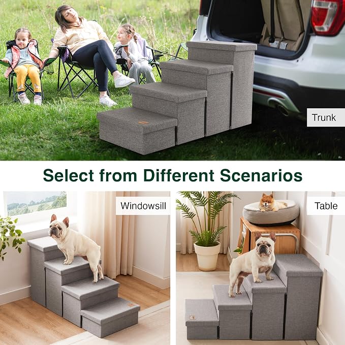 Love's cabin Dog Stairs for High Bed, Foldable Pet Stairs for Small Medium or Large Dogs Puppy with Storage for Bed or Couch, Cat Dog Steps Ramp with Zip up to 200 lbs, Solid Grey, 4 Steps