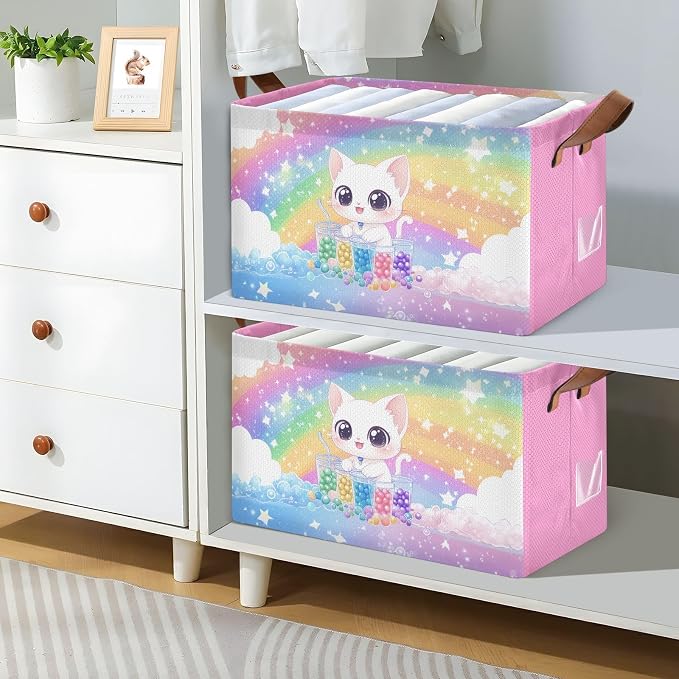 Cute White Cat Rainbow Colorful Baby Storage Basket with Labels&Handles Rectangular Nursery Storage Bins Collapsible Shelf Organizer Baskets for Kids Books Cloth Gift Basket Toys Laundry, 2 Pack