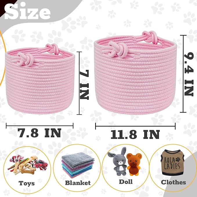 Personalized Dog Toy Storage Basket - Custom Woven Cotton Rope Bin with 3D Cord Name for Puppy Accessories, Treats & Pet Organization Pink M