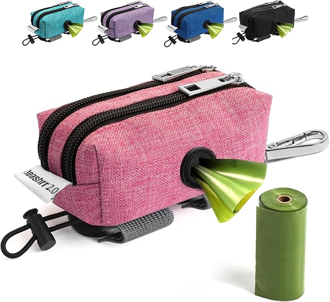 Dog Poop Bag Holder for Leashes and Treat Holder with 2 Waterproof Pouches | Poop Bag Dispenser for Pet Waste Bags and Walking Accessories + 1 Free Roll