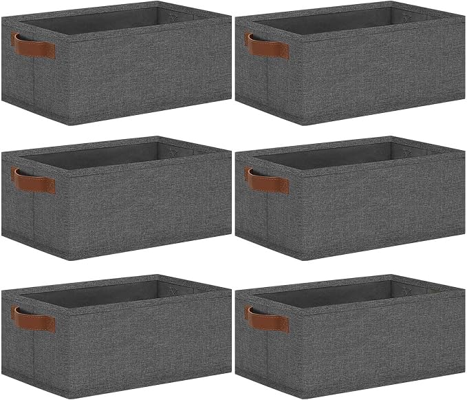 GhvyenntteS Small Fabric Storage Bins 6 Pack, 11.8" x 7.87" x 5.11" Storage Basket with Leather Handles, Closet Storage Bins for Shelves, Storage Baskets for Shelves, DVD Storage (Grey)