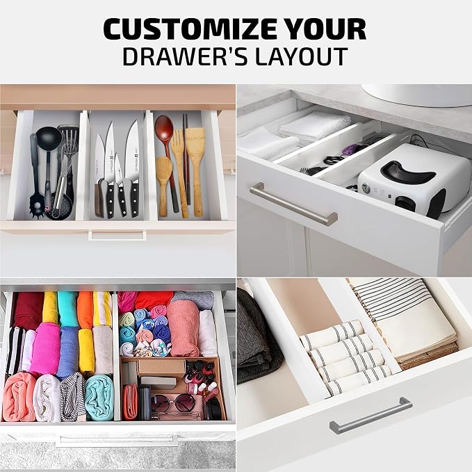 4-Pack Drawer Divider - 2.6" High, 16" to 22" Adjustable Bamboo Drawer Organizers for Clothes, Expandable Dresser Separators in Bedroom/Bathroom/Kitchen/Office Organization and Storage (White)