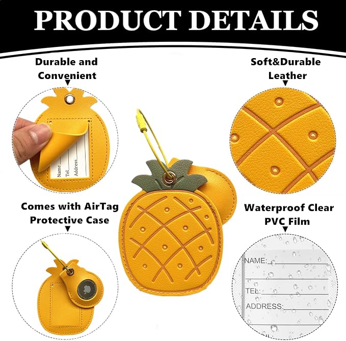 PU Leather Luggage Tag with Airtag Holder Case Set and Name ID Label | Hidden Compartment for AirTag Travel Suitcase Tracking Case with Stainless Steel Loop,Cute Fruit Plant Styles,Pineapple