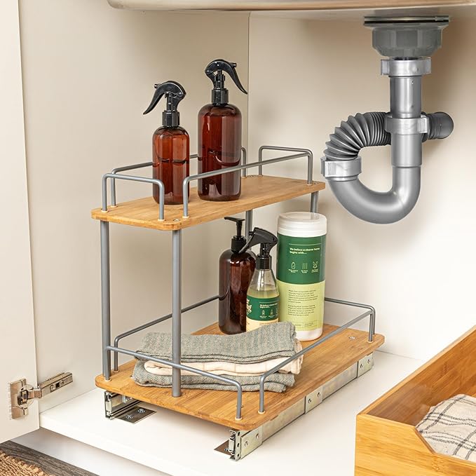 Household Essentials Bamboo and Silver Iron Two-Tier Slide-Out Organizer