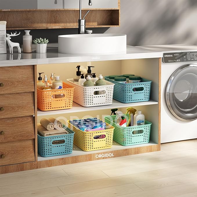 ORGIDOL Plastic Storage Basket with Lids 10 Pack Stackable Colorful Storage Bins Containers with Lid, Decorative Storage Boxes for Organizing Shelves, Drawers, Playroom, Classroom, Office, Closet
