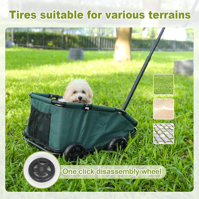 Mini Dog Stroller, Foldable Pet Stroller for Small Dogs & Cats with Safety Rope, Storage Basket & Built-in Cushion - Extendable Handle, Lightweight Carrier for Travel, Walking, Vet Visits (Green)