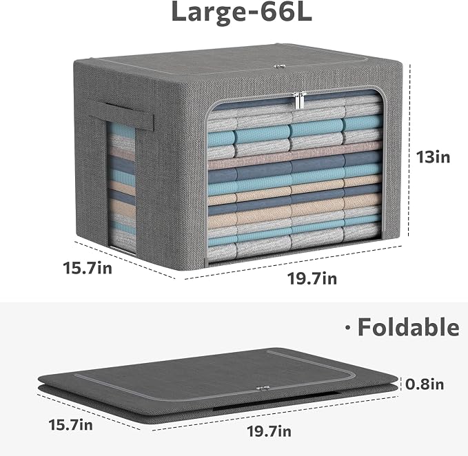 CYhom 3Pack Foldable Storage Bins - Frame Storage Box Linen Fabric Stackable Clothes Container Organizer with Clear Window & Carry Handles Large Capacity (Large-66L, Dark Gray)