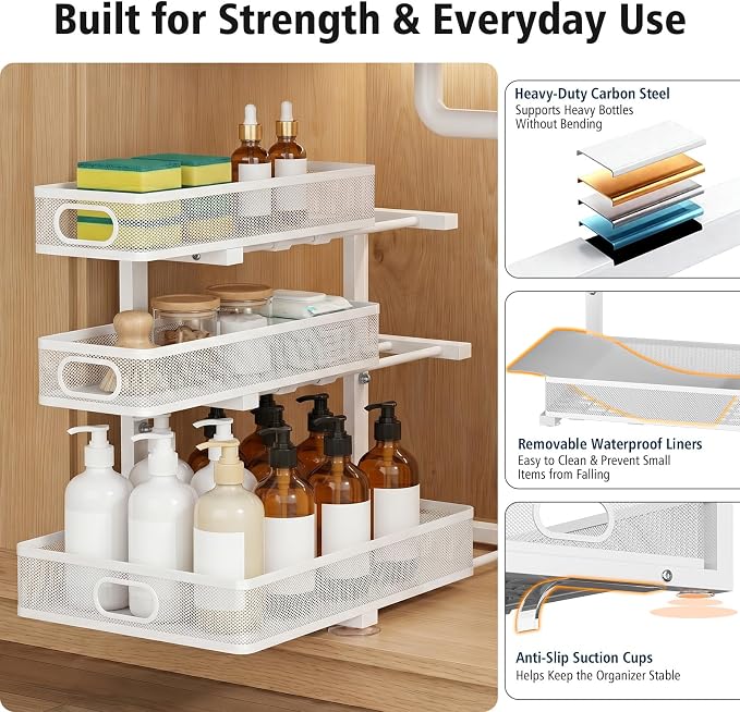 Under Sink Organizer, 3 Tier Pull Out Cabinet Organizer with 5 Adjustable Heights, Metal Under Sink Storage with Sliding Drawers for Kitchen, Bathroom, Pantry and Laundry Room, 2-Pack White