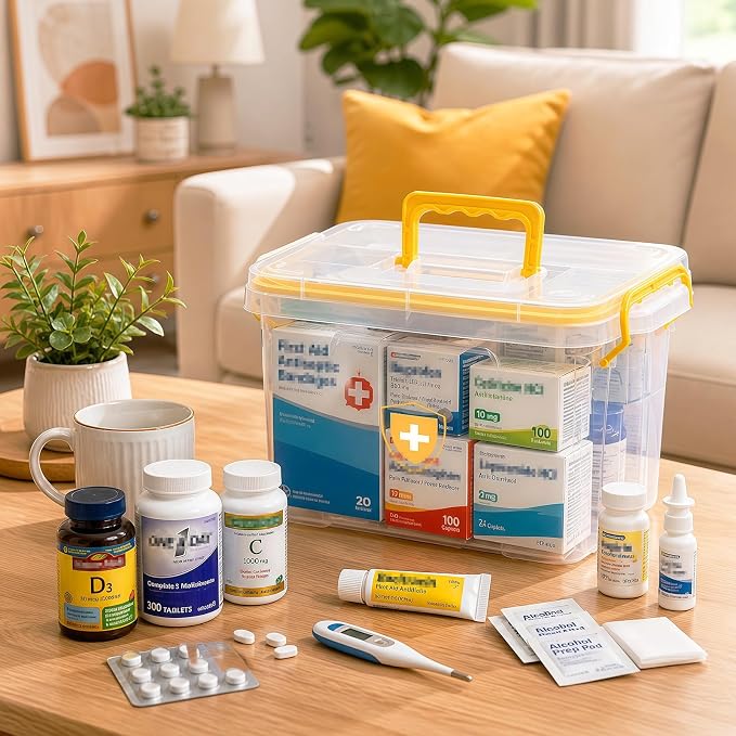 15QT Clear Medicine Organizer Box with Handle, Plastic Medicine Container with Tray First Aid Box Empty, Thickened Medicine Storage Organizer Multipurpose Medication Organizer Storage, Yellow