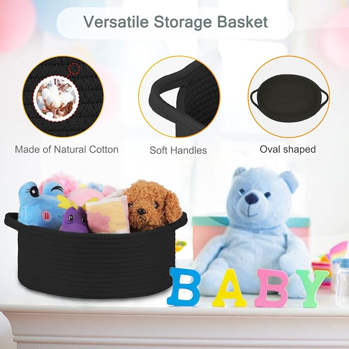 COMSE Empty Small Gift Basket with Bag & Ribbons, Black | Cotton Rope, 12"x 8"x 5", Baby Toy Organizer, Stores Small Items for Bedrooms, Nurseries, Bathrooms, Living Rooms, Offices