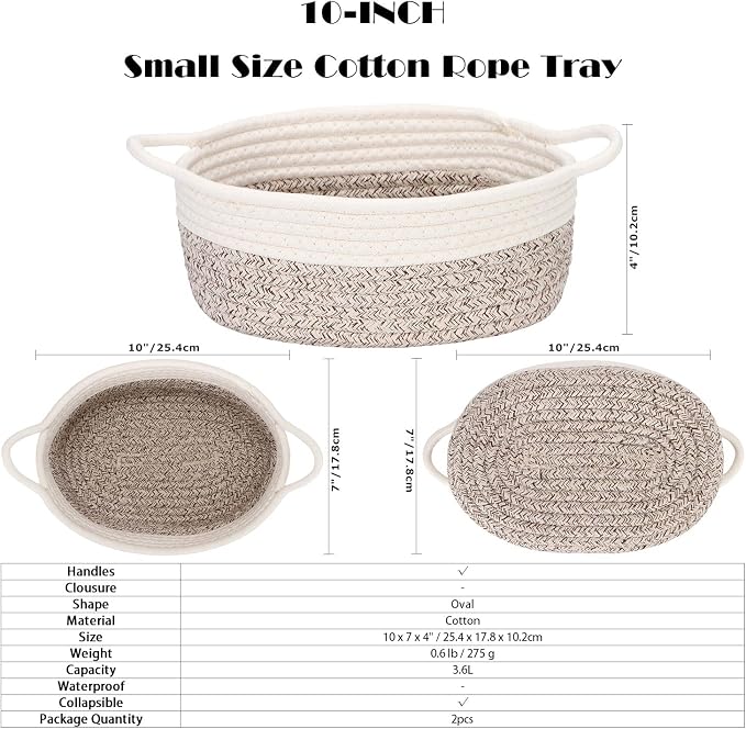 Sea Team 2-Pack Compact Woven Cotton Rope Storage Baskets, Mottled Brown | Knitted Decorative Organizer Bins with Handles, Portable Oval Containers for Small Items, Keys, Makeup, Jewelry, Trinkets