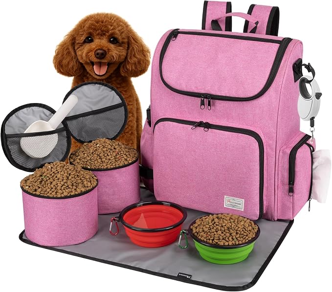Modoker Multi-Compartment Dog Travel Backpack for Pet Supplies, Pink | Dog Travel Accessories Organizer with 2 Food Bags, 2 Bowls, Quick-Access Pockets, Tissue Opening, Luggage Sleeve, Feeding Mat