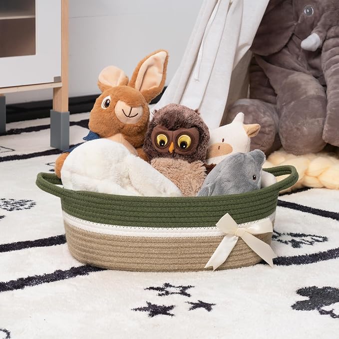 CHICVITA Small Woven Rope Gift Basket, Decorative Burr Basket, Green Brown | 13" x 10" x 5" Storage Baskets for Toys, Towels & Diapers, Fits Nursery & Home Christmas Decor, Built-In Handles, Bow Design
