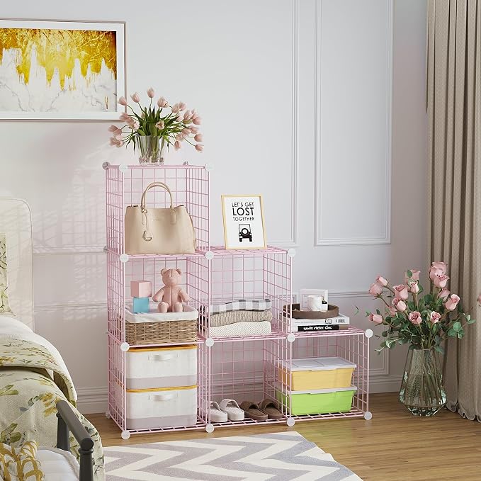 C&AHOME Wire Cube Storage, 6 - Cube Organizer Metal C Grids, Units, Pink | Modular Shelves Units, Closet Organizer, Storage Bins Shelving, Ideal for Home, Office, Living Room