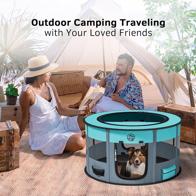 Dog Playpen for Puppies and Cats: Foldable Pet Pen with Dual Doors | Two Zippered Doors, 360° Mesh Windows, Removable Breathable Top, Spacious Interior