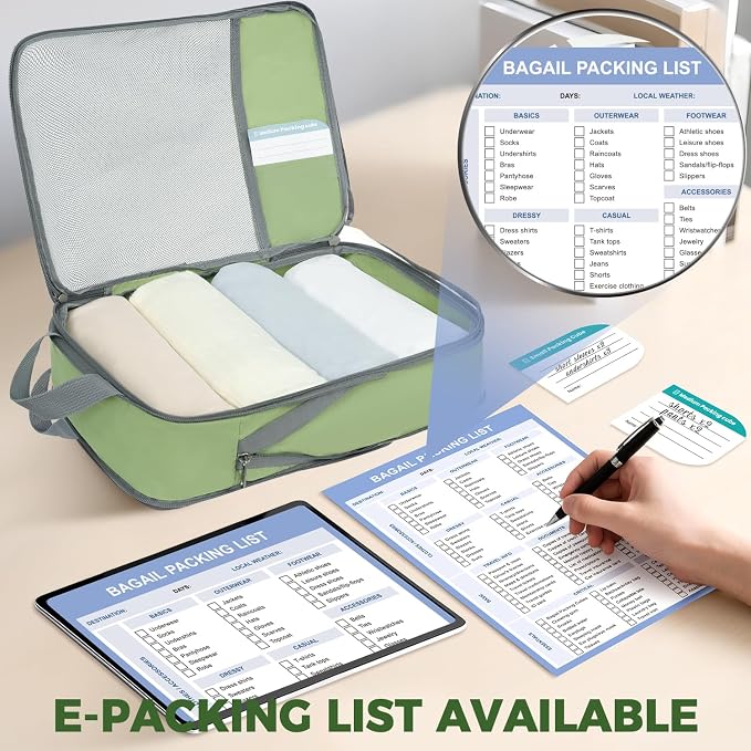 BAGAIL Lightweight Compression Packing Cubes for Travel, 6 Set,Matcha Green | Salis Nylon Fabric,Anti-Tearing,Save Space,SBS Zippers,Packing List,PVC Tag Pocket,Custom Labels,Visible Mesh,Portable Handel