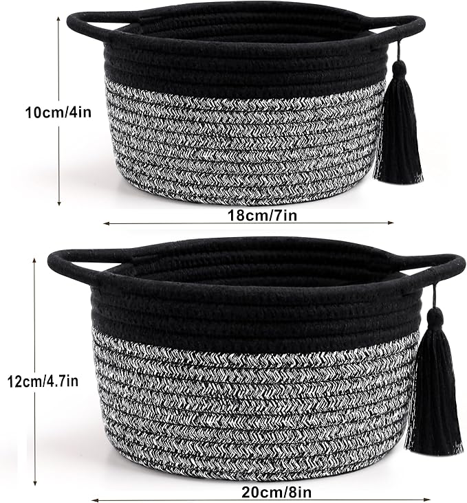 Small Gift Basket Empty to Fill, 2 Pack, Mini Woven Basket, Black Gray | Cute Decorative Mini Rope Storage Baskets with Cellophane Bags & Ribbons; Two Sizes for Gifting, Bathroom Counter or Desk