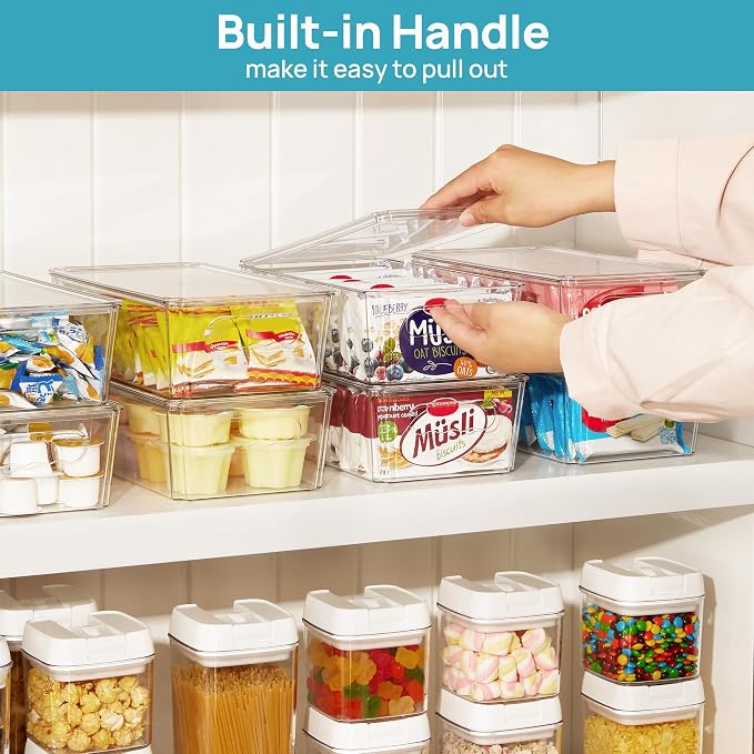 Vtopmart 8pcs Clear Organizers and Storage Bins with Lids, Stackable Plastic Storage Containers with Handles for Fridge, Freezer, Pantry, Cabinet, Kitchen Organization (Pack of 2)