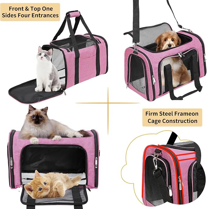 Soft-Sided Cat/Dog/Pet Carrier, Collapsible Pets Travel Carriers | for Big Cats/Small Dogs with Shoulder Strap & Removable Mat, Mesh Puppy Carry Bag, Up to 16 Lbs, TSA Airline Approved(Pink)