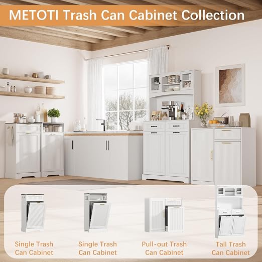 2 X 13 Gallons Double Pull Out Trash Can Cabinet with Storage, White | 54"W Fluted Kitchen Trash Cabinet with Adjustable Shelf & Drawers, Hidden Pet Proof Trash Can Holder for Laundry Living Room