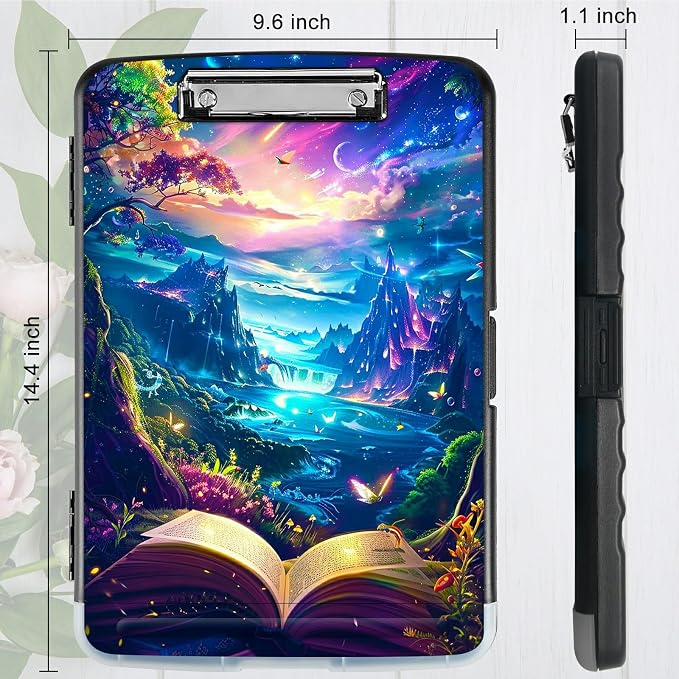 Book Mountains A4 Clipboard with Storage Pen Holder, Clipboards Organizer Nursing Clipboard Foldable File Folder Plastic Clipboard Folio Clip Board for Office Students Classroom Doctor